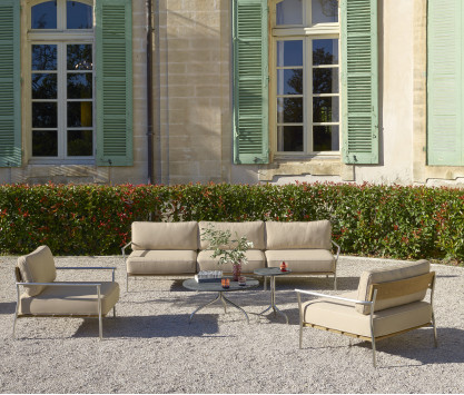 Stapelbares 3-Sitzer-Sofa aus Teakholz und poliertem Edelstahl