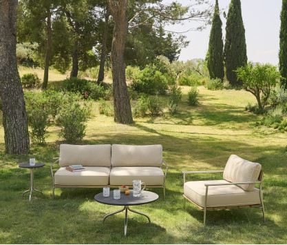 Stackable 2-seater sofa in teak and polished stainless steel