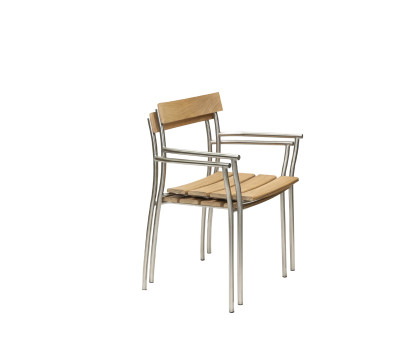 Stackable armchair in teak and polished stainless steel
