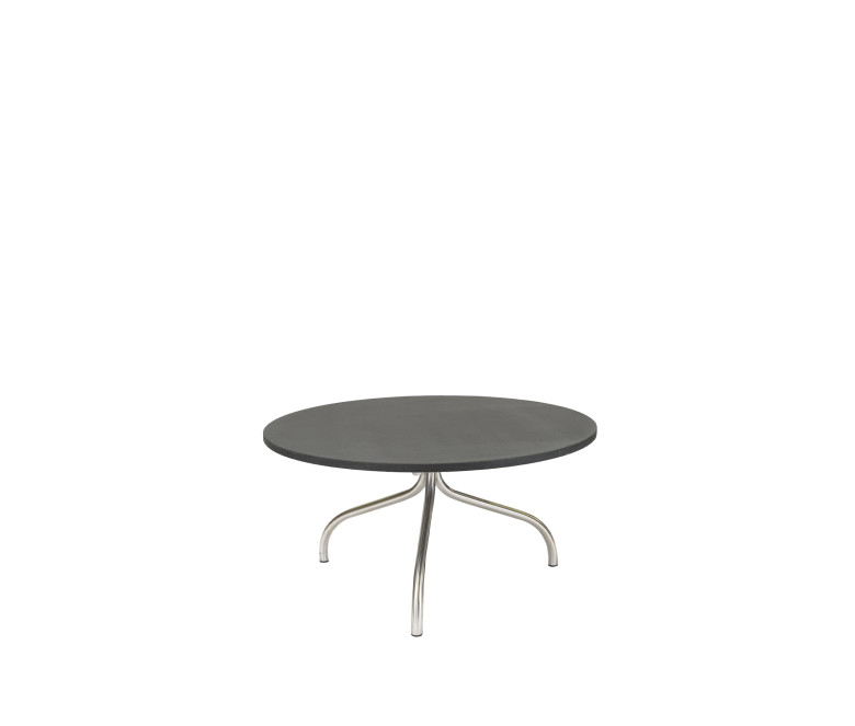 Table basse ronde en inox poli et plateau en granit