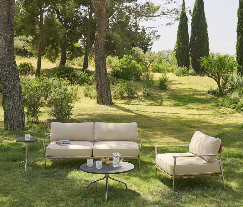 Table d'appoint en inox poli et plateau en granit