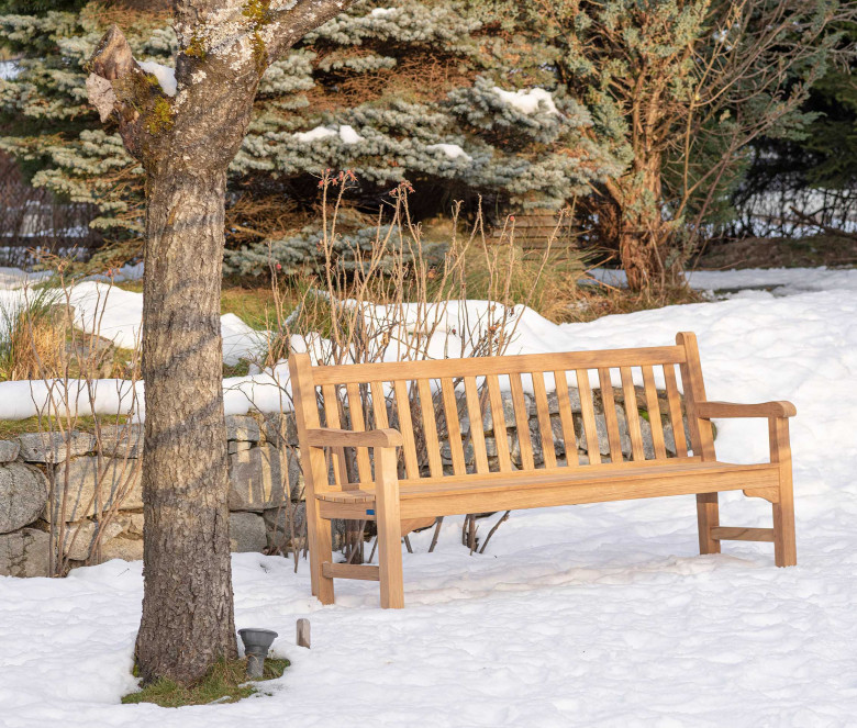 Banc d'entrée en bois de teck et assise en lin