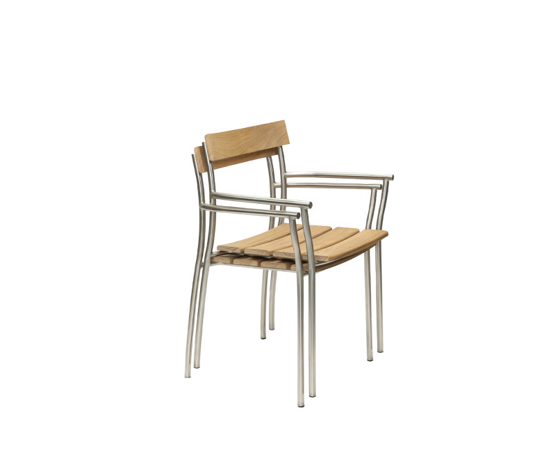 Fauteuil bas empilable en teck et inox poli
